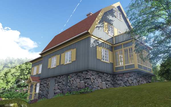 Äldre blått hus i Stocksund  med gula knutar.