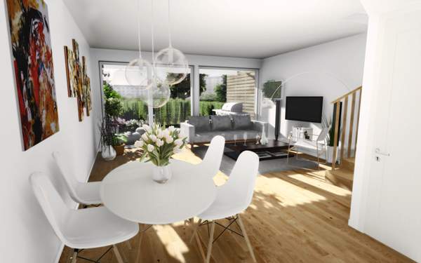 3D ritning av Solstenen, från insidan, ett vardagsrum med vitt bord och en grå soffa.