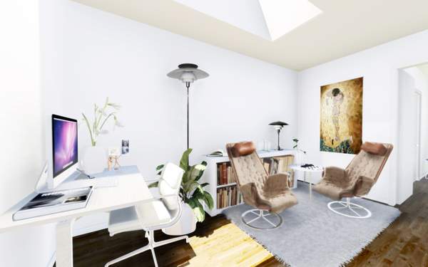 3D ritning av Solstenen, från insidan, ett kontor med två fåtöljer och ett skrivbord.