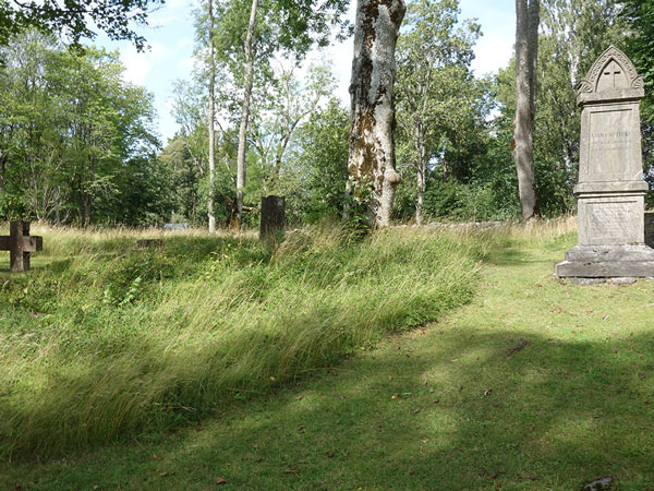 Gravstenar på ett avlägset område med grönska i Norrköping.