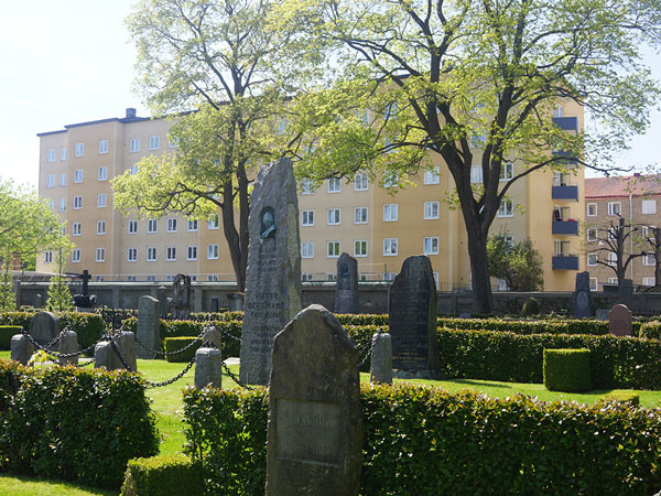 Norrköpings kyrkogårdar med gravstenar och vackra lummiga träd.