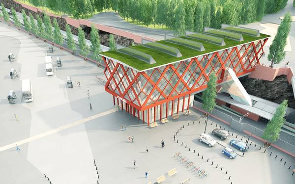 3D bild av Strängnäs resecentrum ovanifrån, en röd byggnad med grönska på taket.