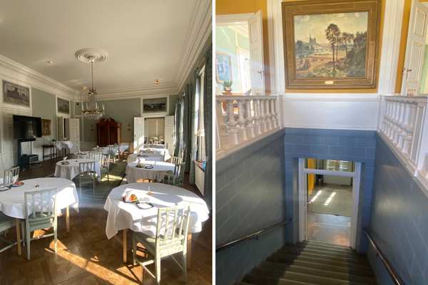 Tvådelad bild i matsal med vita dukar och trappa med blå väggar omkring i Växjö residens.