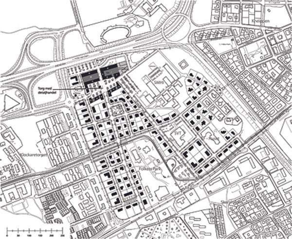 Karta över ett område med hus i Sandtorp.